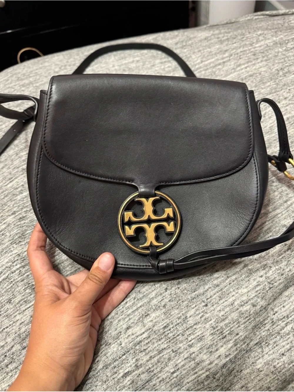 Tory Burch Black Leather Saddle Crossbody with Gold Logo Medallion